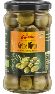 Grüne Oliven mit Stein, in Essig-Salzlake